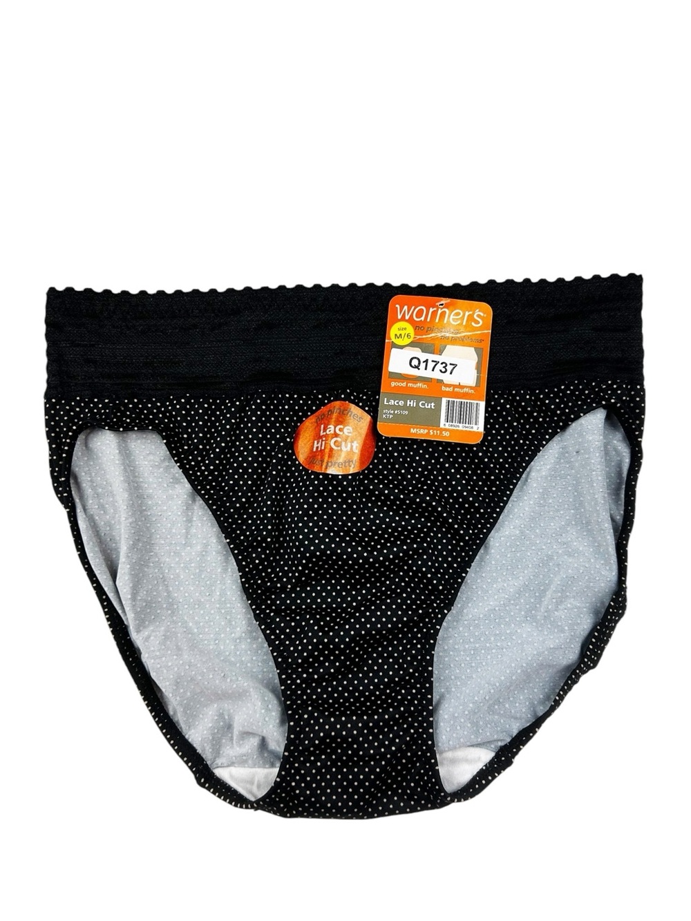 Warner's Black Polka Dot Lace Hi-Cut Panty Size Medium